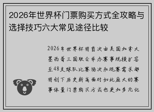2026年世界杯门票购买方式全攻略与选择技巧六大常见途径比较